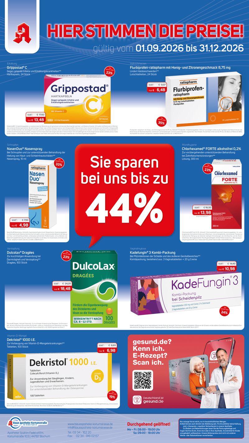 Angebotsflyer der Blauen Apotheke Kortumstraße in Bochum mit Aktionspreisen für verschiedene Arzneimittel und Gesundheitsprodukte, gültig vom 1. September bis 31. Dezember 2026.